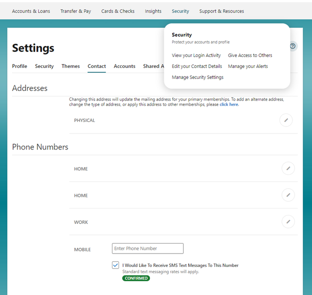 A screenshot of the Security menu and page in Online & Mobile Banking.