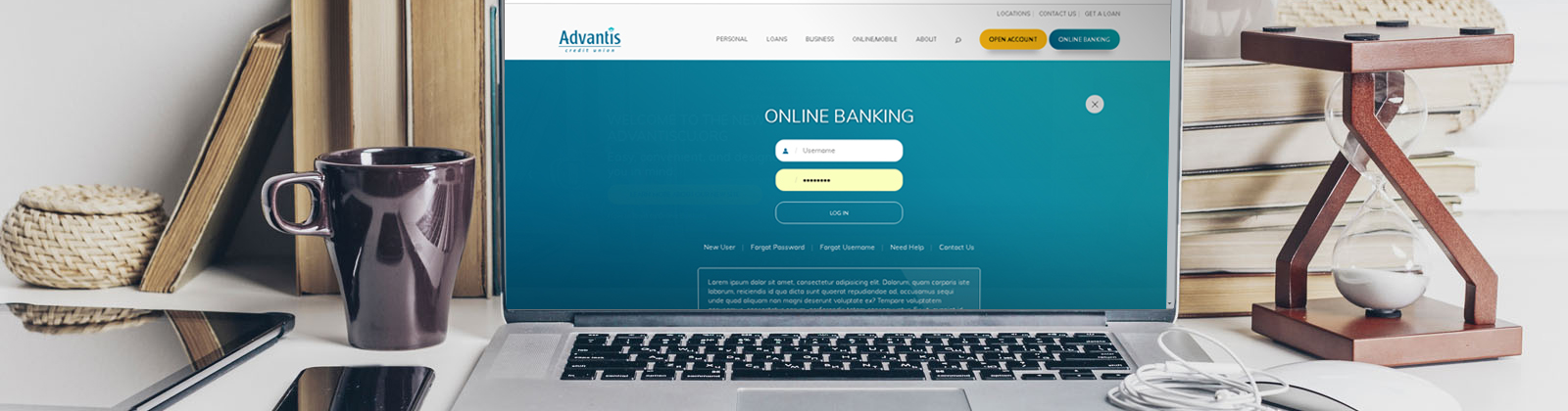 New Online Banking Website login displayed on a laptop