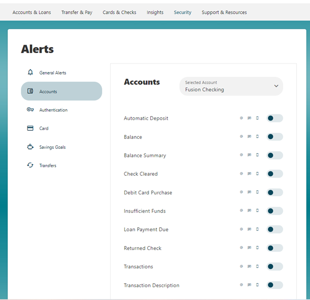 A screenshot of the Alerts menu and Accounts page in Online & Mobile Banking.